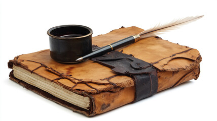 A vintage leather-bound journal featuring a quill pen and a pot of ink, capturing a timeless and intellectual travel lifestyle isolated on a white background.