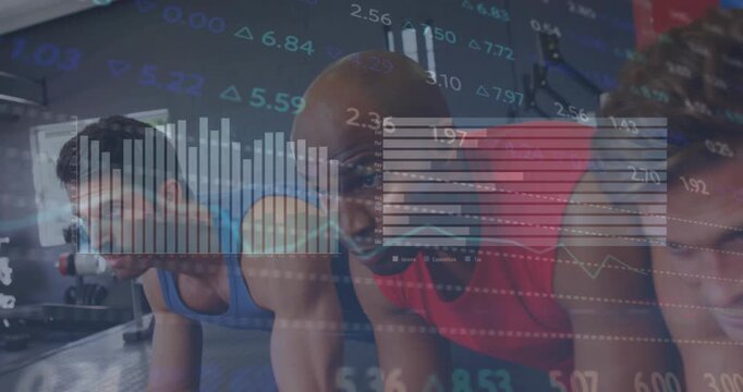 Animation of graphs and numbers over multiracial athletes doing plank exercise in gym