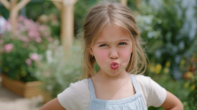 Small girl learning to whistle with puckered lips and look of intense concentration in a sunny garden, perfect for childhood skill discovery, playful learning moment, child development, modern