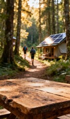 Fototapeta premium Hikers Walking Through Forest Toward Solar-Powered Cabin with Wooden Table in Foreground