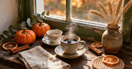 Obraz premium Cozy Autumn Still Life with Steaming Coffee and Pumpkins by Window