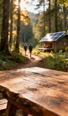 Fototapeta premium Wooden Table in Forest with Hikers and Solar-Powered Cabin