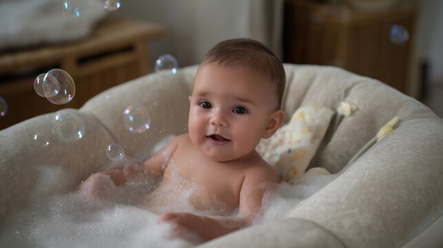 Happy baby splashing in a specially designed infant bath seat with gentle foam soap bubbles around, perfect for baby bath product promotion, infant bathing safety, newborn hygiene, modern baby