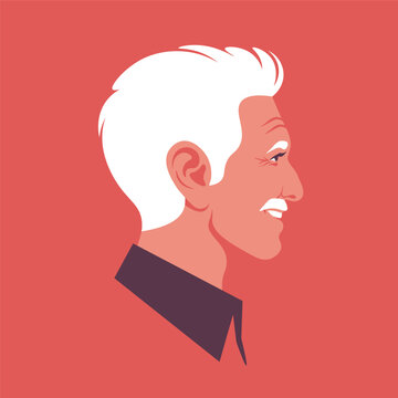 Modern flat vector portrait of a smiling senior man in profile view. The elderly gentleman features white hair and a mustache. Perfect for user avatars, retirement concepts, aging gracefully
