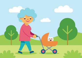 Fototapeta premium A happy elderly woman with blue hair pushing a baby in a stroller through a peaceful park.