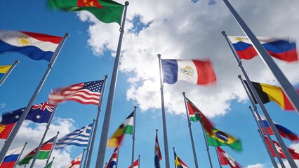 Low-angle shot of numerous international flags waving against a blue sky with white clouds on a sunny day.