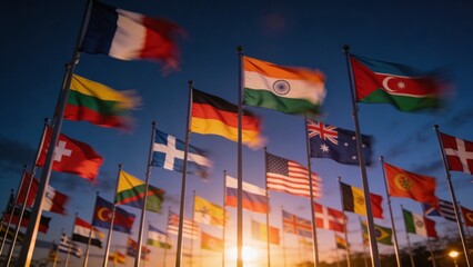 Low-angle shot of numerous international flags waving against a vibrant dusk sky with illuminated buildings in the background.