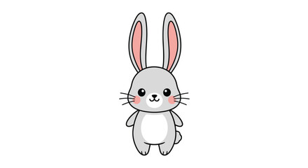 Obraz premium Cute gray cartoon rabbit with pink cheeks and long ears stands upright in a friendly pose against a clean white background for children designs.