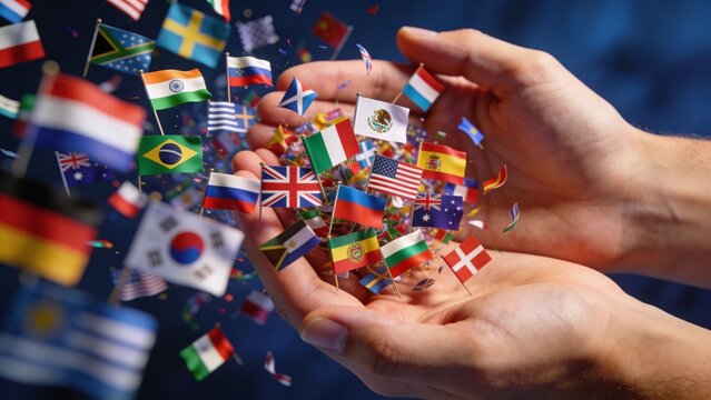 Close-up of two hands cupping a scattering of small international flags against a dark blue background with a sense of global connection and diversity.