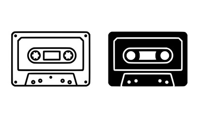 Naklejka premium Minimalist cassette icon, black and white in outline and silhouette design style