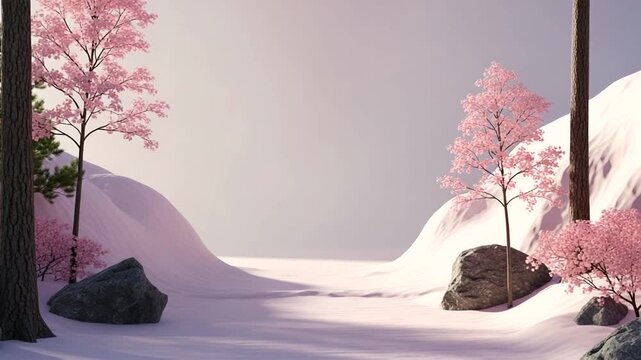 Serene Winter Landscape with Pink Trees Snow.