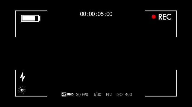 Camera recording screen overlay with alpha channel, professional DSLR camera frame viewfinder, digital video recorder interface with timer and battery indicator for cinematic footage creation in 4K