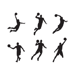 Silhouette series depicting basketball players in dynamic action poses during a game
