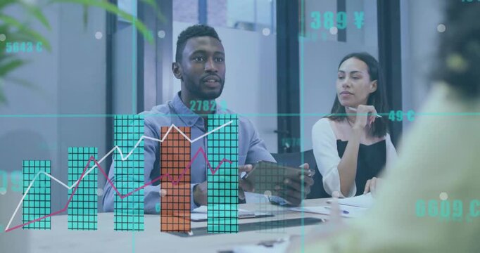Animation of financial data processing over diverse business people in office