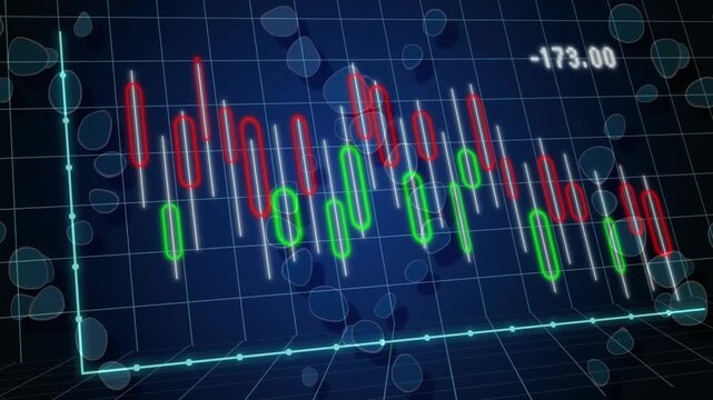Animating financial data chart with red and green candlesticks on blue grid background