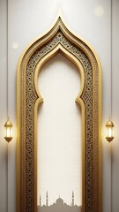 Elegant golden archway with intricate patterns and glowing lanterns