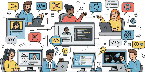 Fototapeta premium Illustration of diverse group of people engaged in remote STEM education with laptops and coding symbols in a colorful flat lay composition.