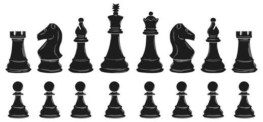 Complete black chess piese set with king, queen, rooks, bishops, knights, pawns. Classic chessman silhouettes, strategy concept figures, board game icons.  © Darina
