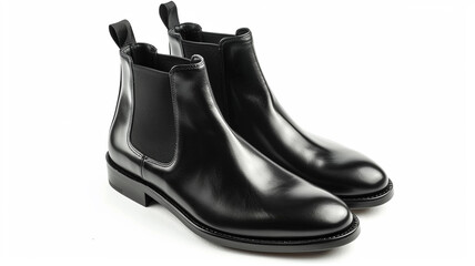 Pair of classic black leather Chelsea boots isolated on a white background, perfect for a professional business lifestyle.