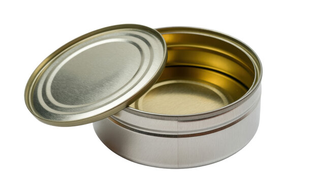 Open silver tin can with gold interior isolated on a transparent background