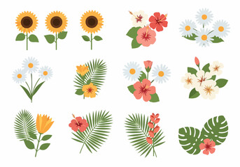 Collection of diverse floral and leafy elements, including sunflowers, daisies, hibiscus, and palm leaves, perfect for summer and tropical designs © dhorido studio