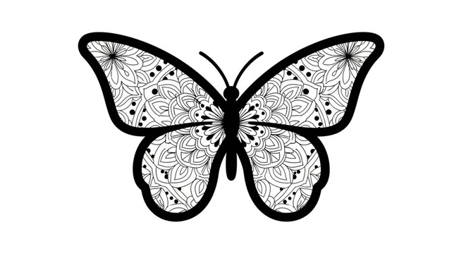 Black and White Butterfly Illustration with Patterns.
