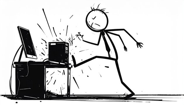 Cartoon stick figure expressing extreme frustration and anger by aggressively kicking a sparking desktop computer, perfectly illustrating the common struggles with technology and digital stress