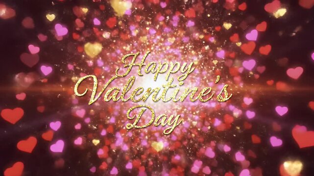 Golden script spells "Happy Valentine's Day" amidst a bokeh of glittering hearts