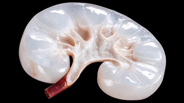 An anatomical cross section of a kidney in close-up showing inner structures such as calyces, pelvis and septa between layers.
