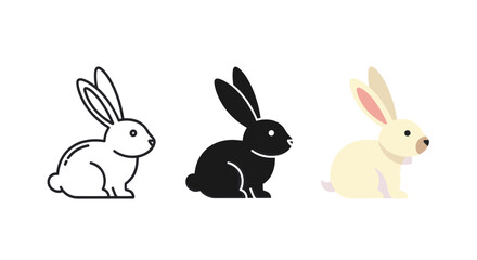 Three vector illustrations of rabbits are shown side by side, rendered in outline, solid black, and flat color for graphic design projects.