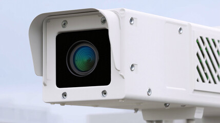 Close up of an outdoor surveillance camera in protective housing with visible lens optics. Technical focus on industrial monitoring equipment for perimeter control, access management and property secu