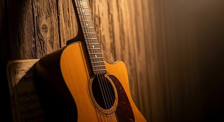 Fototapeta premium Acoustic Guitar Leaning on Wooden Wall with Sheet Music