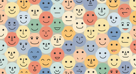 Vibrant emojis in various facial expressions and colors arranged closely together on a pastel background from a direct viewpoint