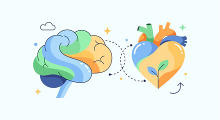 Fototapeta premium Illustration of human brain and heart connection in vibrant colors and abstract shapes