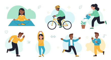 Fototapeta premium People Engaging in Various Fitness Activities Outdoors and Indoors Illustrated in a Vibrant and Dynamic Scene