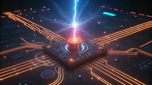 Glowing Circuit Board with Lightning Strike Powering Central Processor