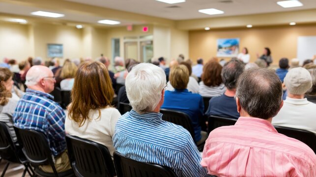 Community town meeting with residents seated in rows. Public discussion led by local representatives in municipal building