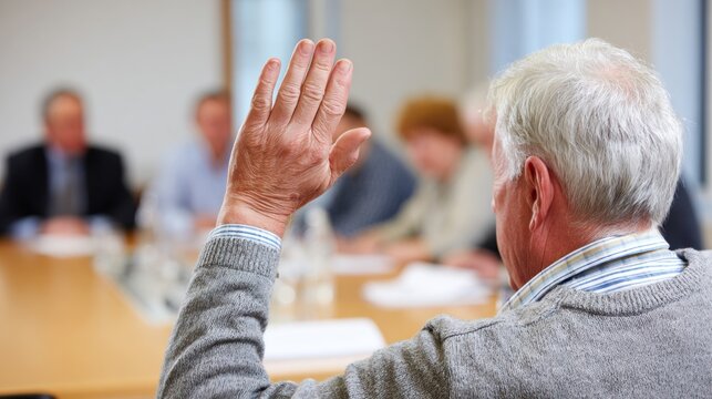 Senior man raising hand during town meeting. Community member participating in public discussion at municipal conference table