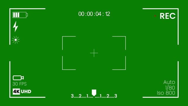 Digital video camera recorder screen overlay on green background, recording camera screen interface with alpha channel, high-quality 4K camera viewfinder for modern cinematography tools