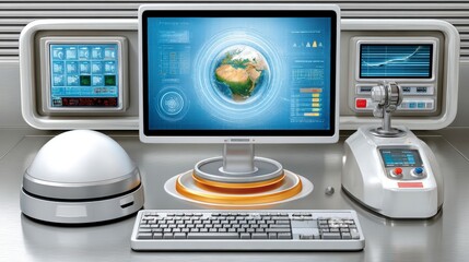 Fototapeta premium Futuristic Control Center With Large Monitor Displaying Earth And Data Analytics