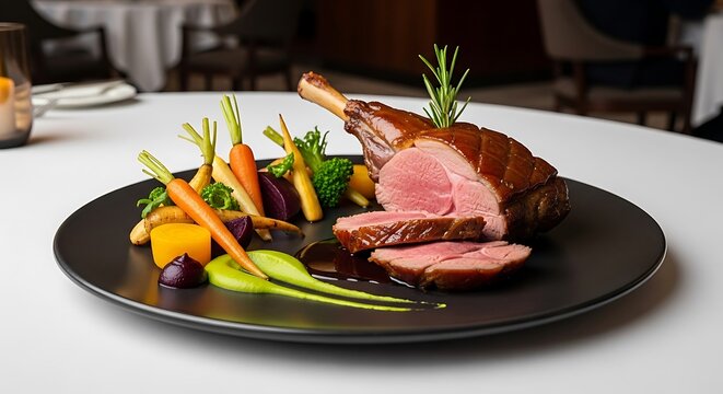 Elegant roasted lamb dish served with seasonal vegetables on a black plate. pierna cordero