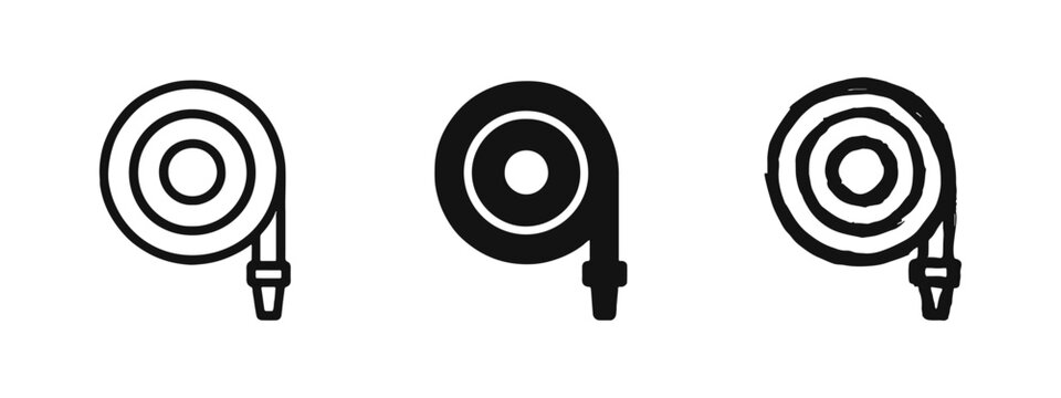 Fire hose reel icon set in outline, solid, and hand-drawn styles for safety and emergency services.