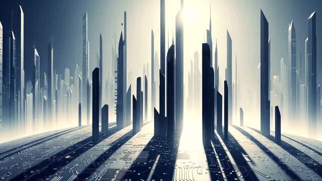 Futuristic Cityscape with Tall Buildings and Shadows.