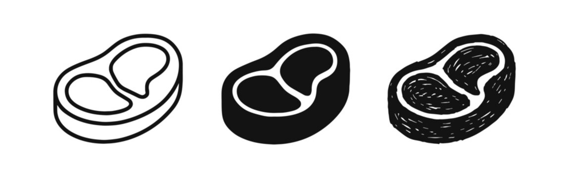 Meat steak icon set. Food, grill, barbecue, and cooking symbols in outline, solid, and doodle styles.