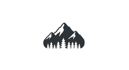 Mountain range with pine trees silhouette.