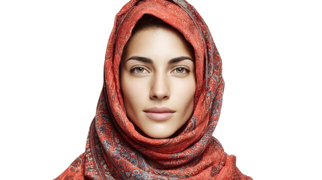Middle Eastern woman wearing hijab, calm expression, isolated on a white background