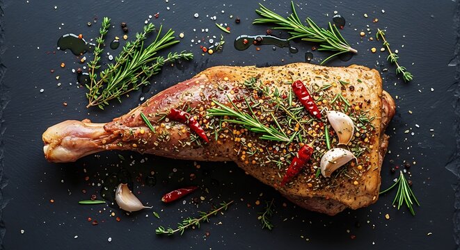 Herb-roasted leg of lamb with seasonal garnishes on dark background. pierna cordero