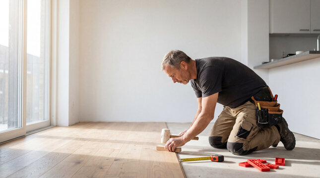 Skilled craftsman meticulously lays new hardwood flooring in a sunlit modern home, transforming the space with careful precision