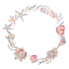 Watercolor seashell frame, underwater animals ocean.