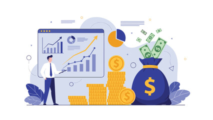 Naklejka premium Financial expert presenting business growth data next to a large money bag and stacks of coins for investment planning.
